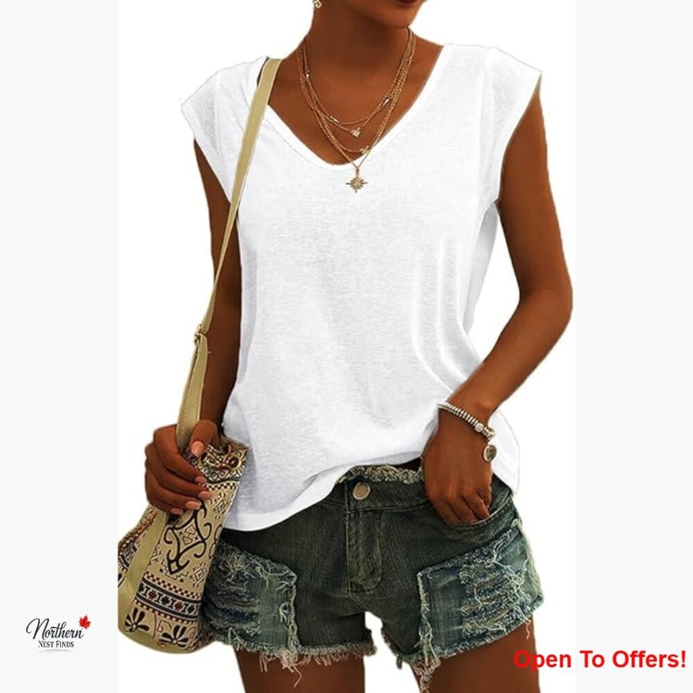Cap Sleeve V-Neck T-Shirt Loose Fit Polyester Rayon Spandex